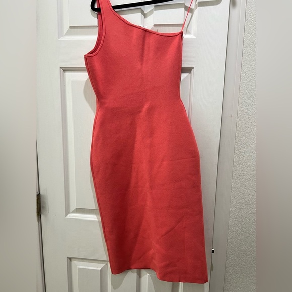 A.L.C. Colby Asymmetric One Shoulder Stretch Knit Bodycon Midi Dress Coral NWT - Picture 3 of 6